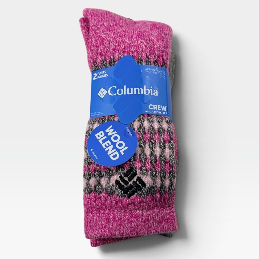 Columbia Crew Socks 2-Pack Women 4-10 Pink Ice Grey Wool Blend Fair Isle New